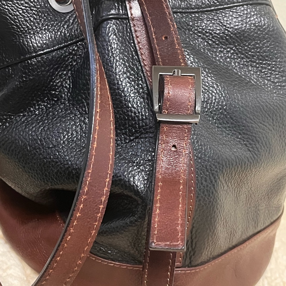 Divina Firenze black & brown leather drawstring bucket bag purse convert xbody - Picture 8 of 11
